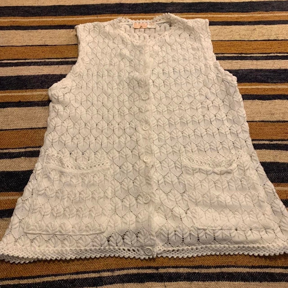 Knit Sweater Vest Large White Pointelle Vintage Granny Cottage Costal Coquette